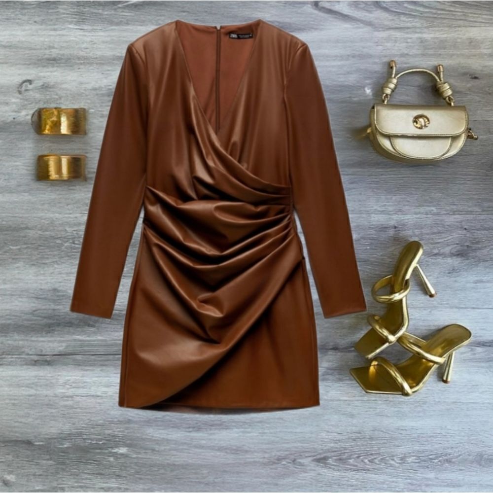 ZARA BLOGGERS FAV! FAUX LEATHER MINI DRESS BROWN NWT XS & S